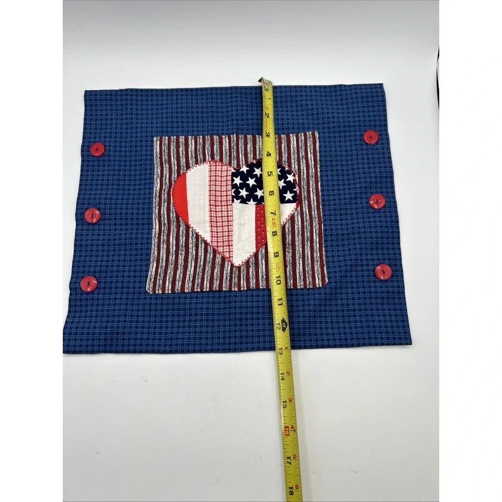 Handmade Patriotic Heart Pillow Cover Small Blue Americana Gingham Button Decor